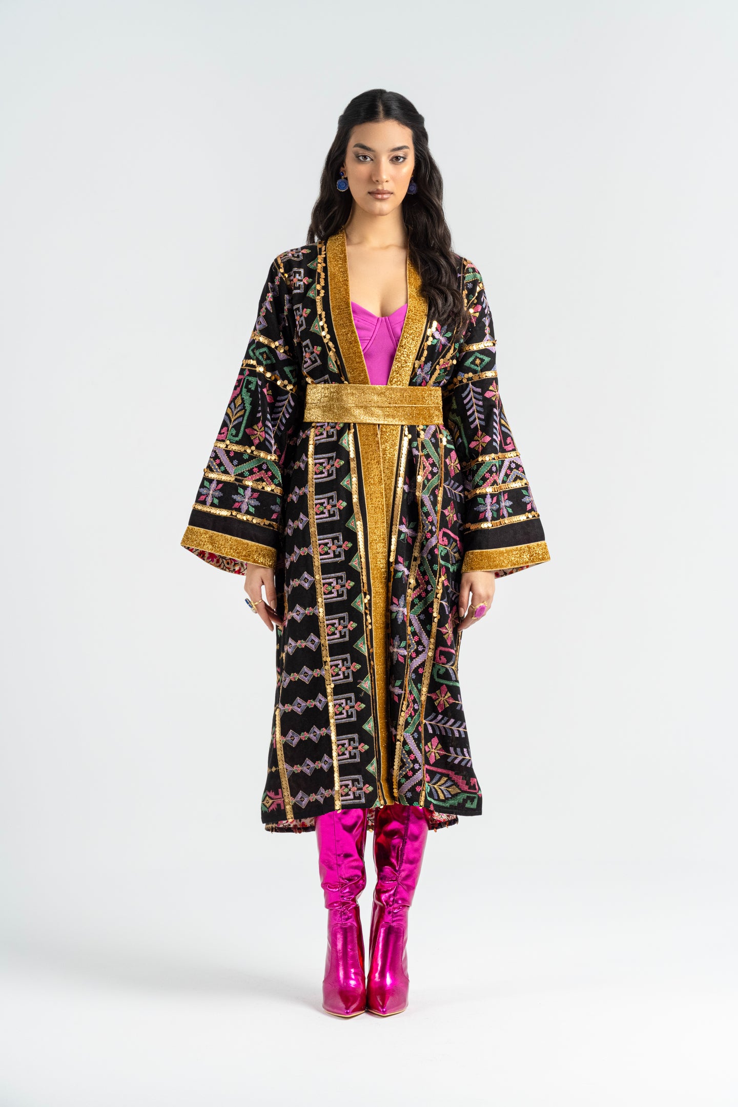 Dusti - Black Long Embroidered Linen Cardigan